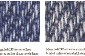 Magnified view of laser faded surface and manually brushed surface