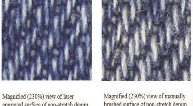 Magnified view of laser faded surface and manually brushed surface